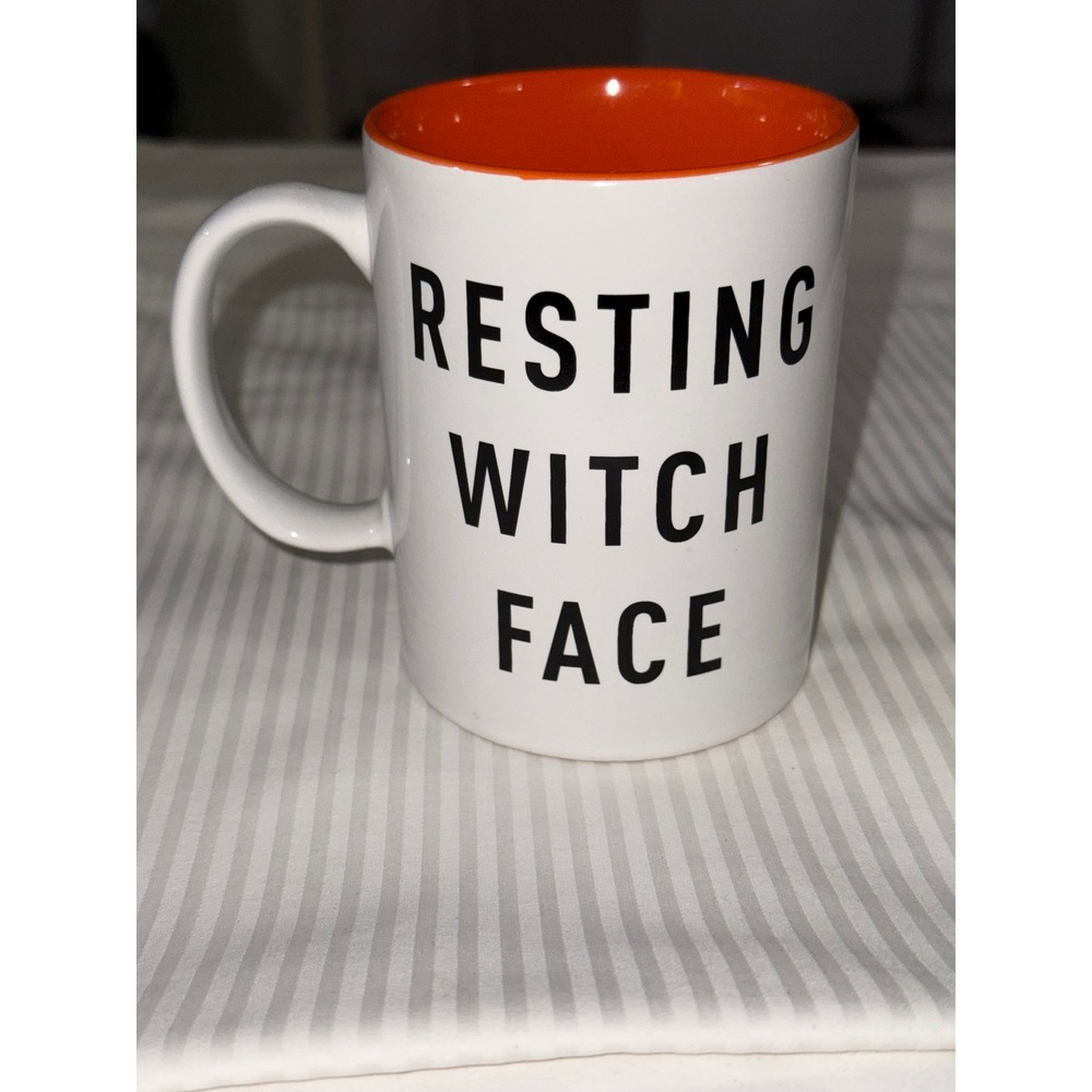 Resting Witch Face Coffee Mug White Orange Interior Halloween Sassy Cup